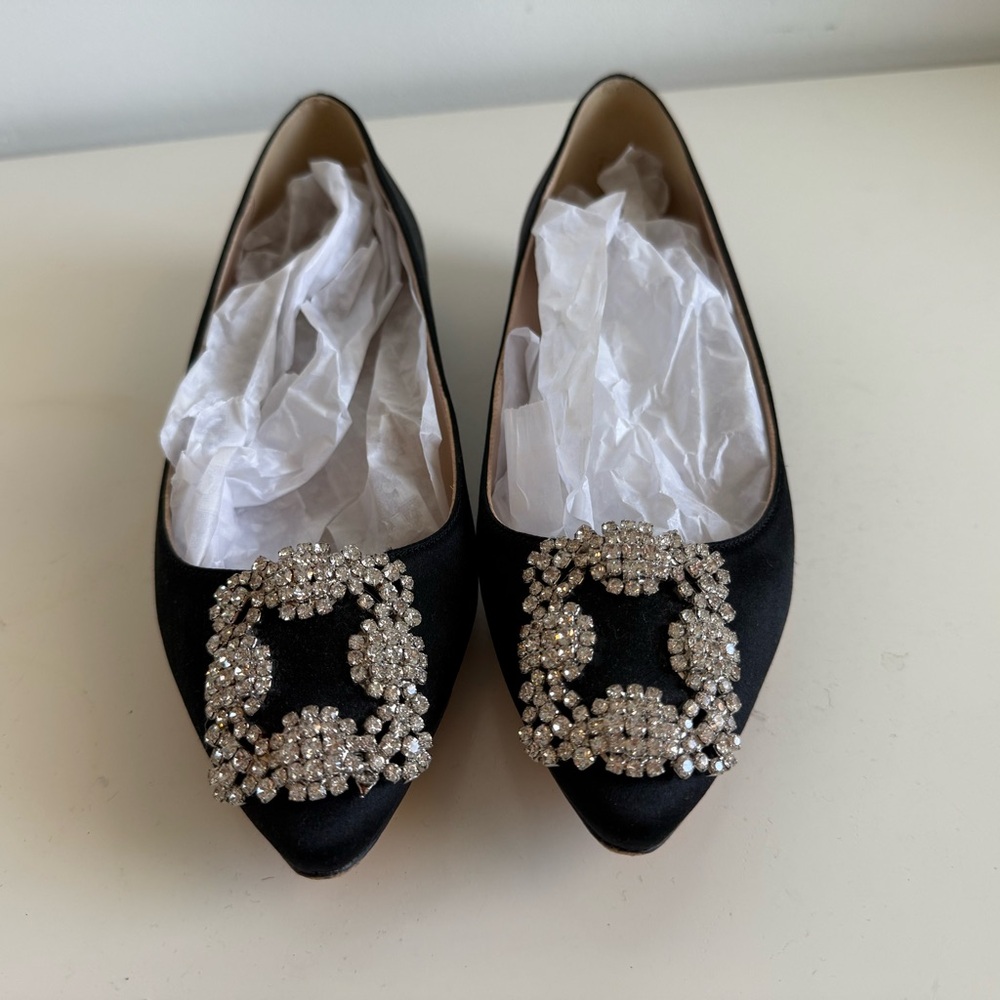 Elegant Black Satin Flats with Crystal Embellishments
